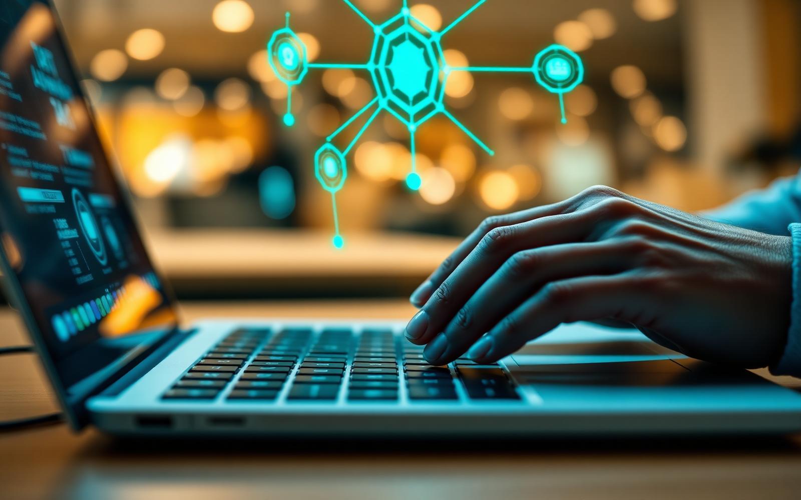Hands on laptop with AI overlay